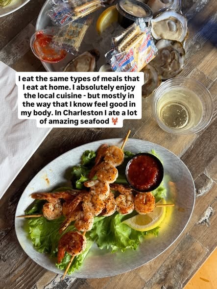 Balanced vacation meal with protein, fruit, and vegetables.