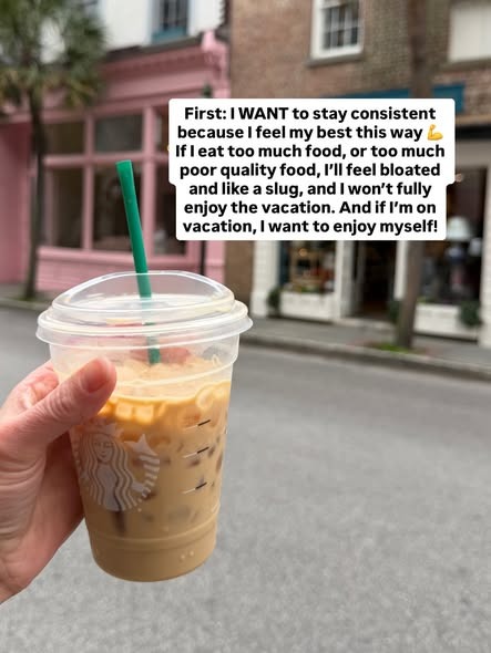 Iced coffee on vacation with text explaining that staying consistent helps you feel energized and enjoy your trip more.
