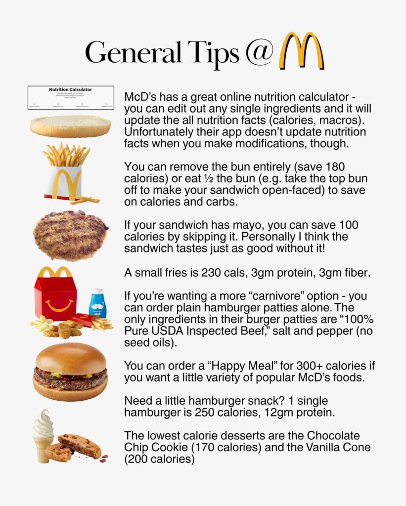 McDonald's nutrition calculator, hamburger bun, fries, hamburger patty, Happy Meal, hamburger, cookie, and vanilla cone with weight loss tips.