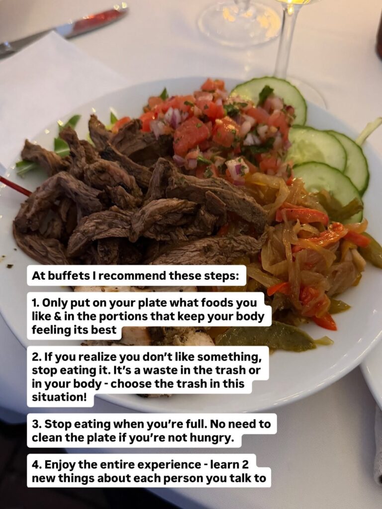 Balanced buffet plate with protein, vegetables, fruit, and favorite vacation foods.