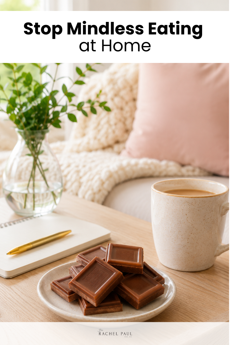A small white plate holds several square pieces of milk chocolate. To the left is an open notebook with a gold pen, and a glass vase with green stems. To the right, a speckled mug holds a light brown beverage. In the background, a plush throw and pillow create a cozy setting by a window.