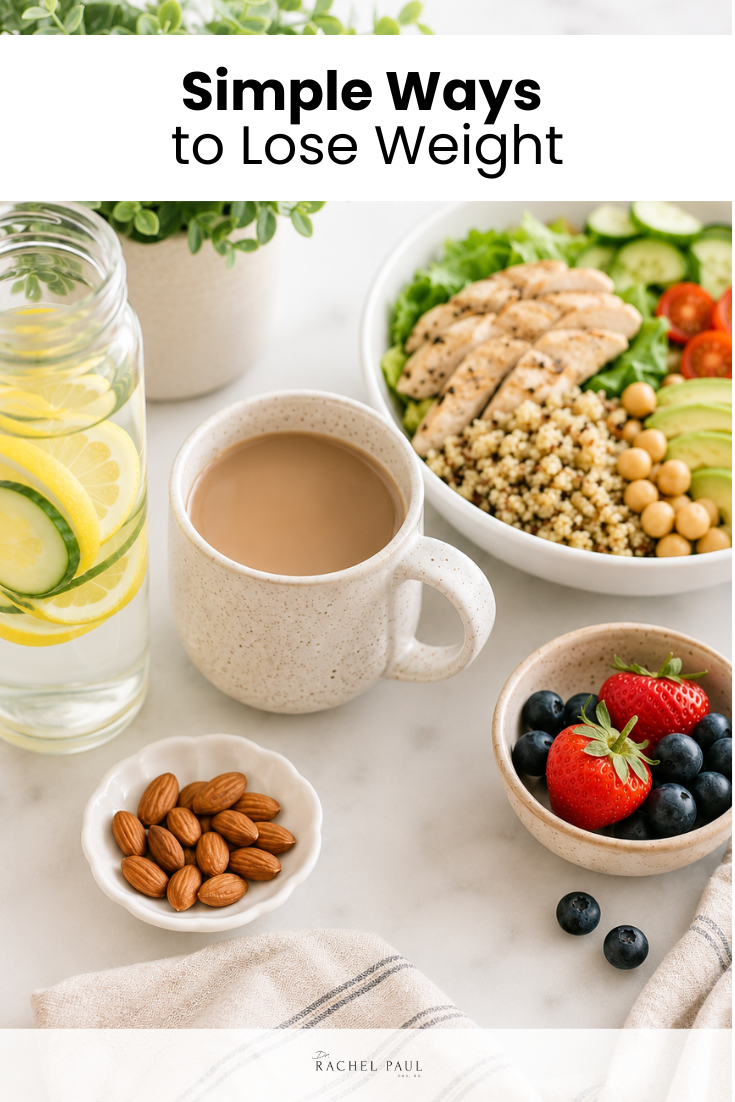A healthy meal consisting of a salad with grilled chicken, quinoa, chickpeas, and avocado, a mug of coffee, a glass of lemon water, almonds, and berries.