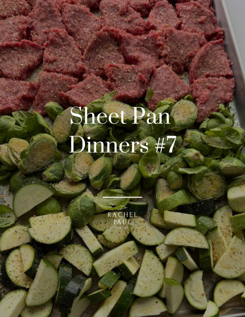 Raw seasoned beef patties on a sheet pan with chopped zucchini and brussels sprouts, text overlay reads "Sheet Pan Dinners #7" by Rachel Paul