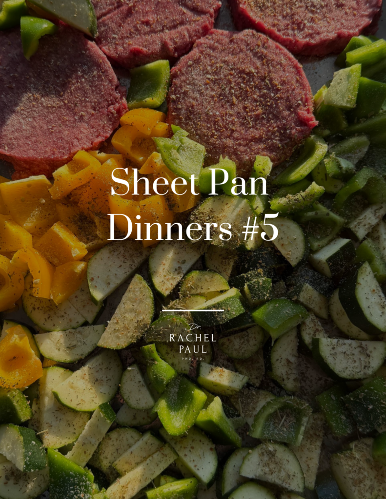 Raw seasoned beef patties on a sheet pan with chopped bell peppers and zucchini, text overlay reads "Sheet Pan Dinners #5" by Rachel Paul