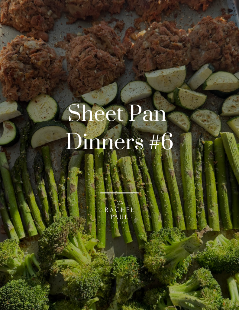 Seasoned tuna patties on a sheet pan with asparagus, broccoli, and zucchini, text overlay reads "Sheet Pan Dinners #6" by Rachel Paul