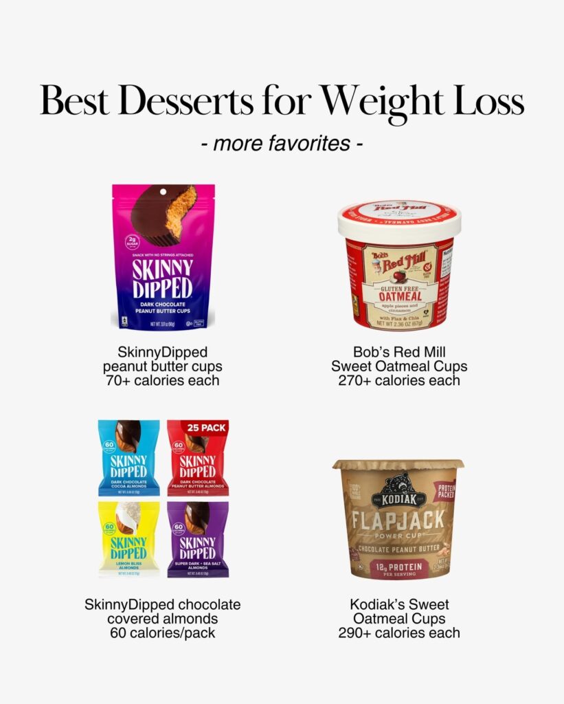 SkinnyDipped peanut butter cups, SkinnyDipped chocolate almonds, Bob's Red Mill oatmeal cups, and Kodiak Power Cups with calorie counts.