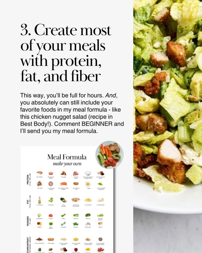 Balanced meal with chicken, vegetables, and meal formula emphasizing protein, healthy fats, and fiber.