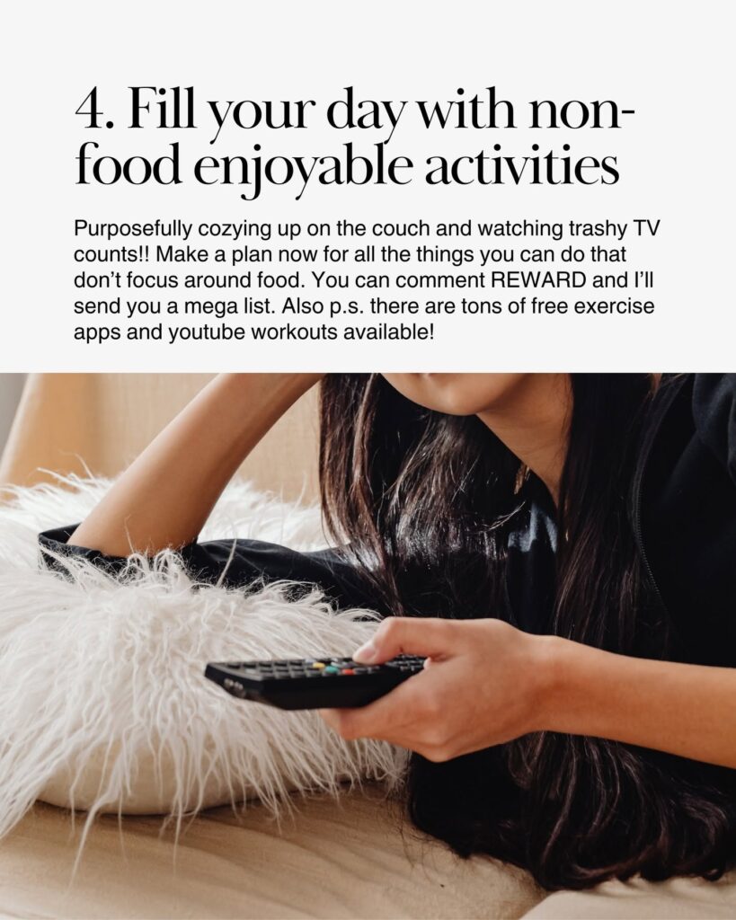 Person relaxing while watching television as an example of a non-food enjoyable activity.