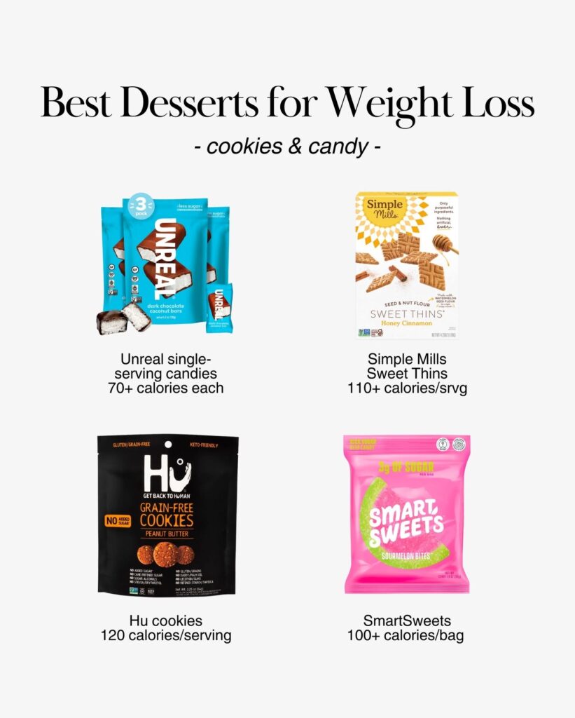 Unreal chocolate coconut bars, SmartSweets candy, Hu grain-free cookies, and Simple Mills Sweet Thins with calories listed.