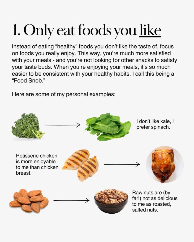 Examples of swapping healthy foods for options you personally enjoy more, including spinach for kale, rotisserie chicken for chicken breast, and roasted nuts for raw nuts.