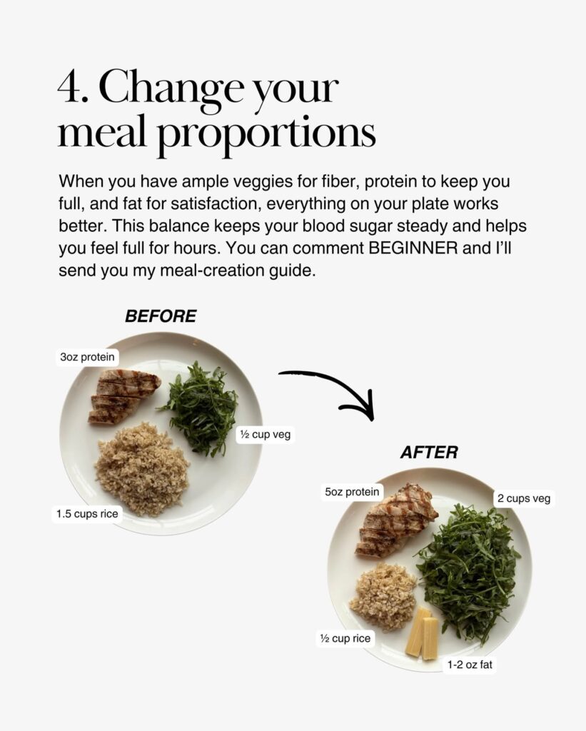 Before-and-after comparison showing a balanced plate with more protein and vegetables and a smaller serving of rice.